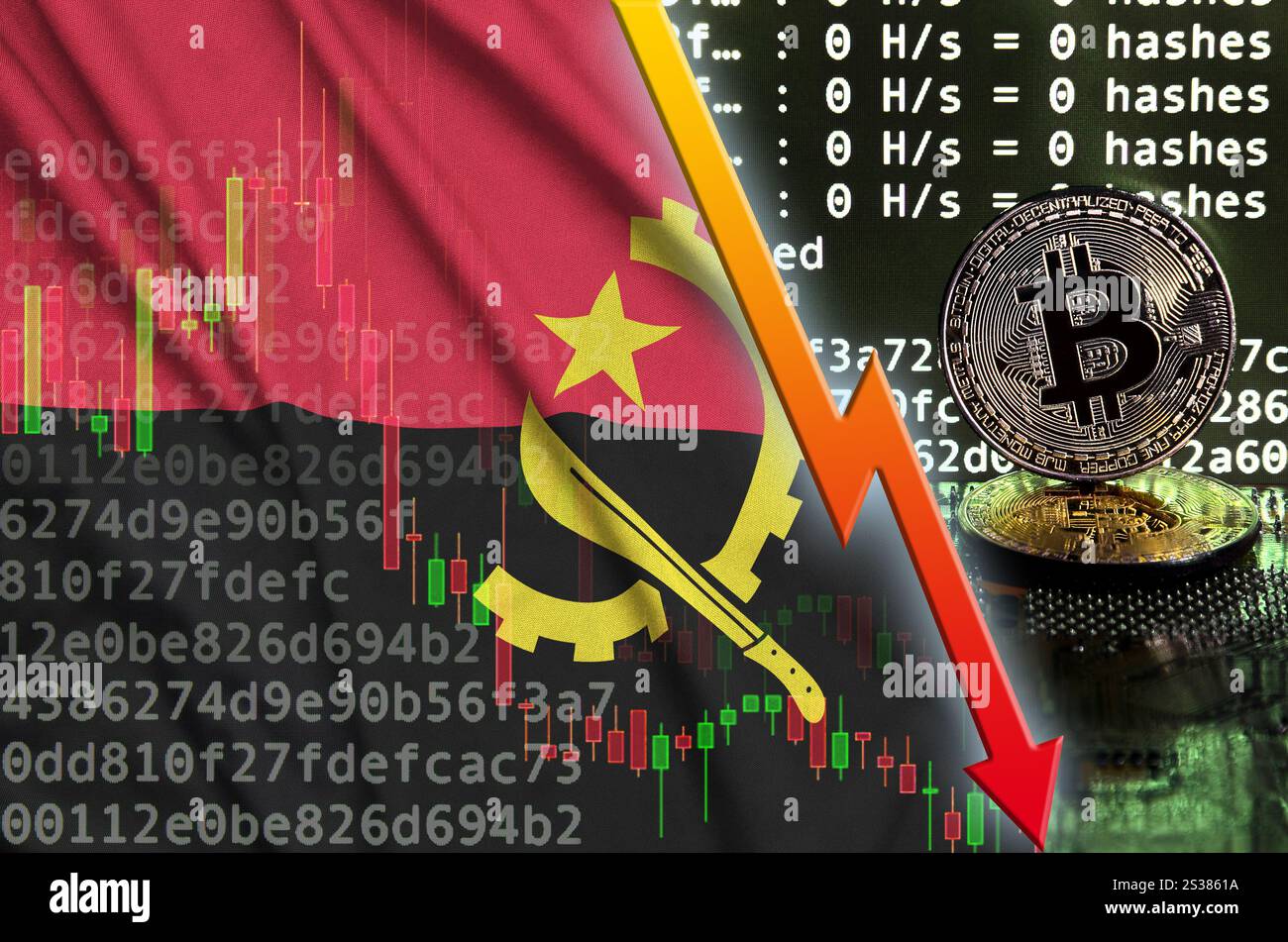 Drapeau Angola et flèche rouge tombante sur l'écran de minage bitcoin et deux bitcoins dorés physiques. Concept de faible conversion dans le minage de crypto-monnaie. Banque D'Images
