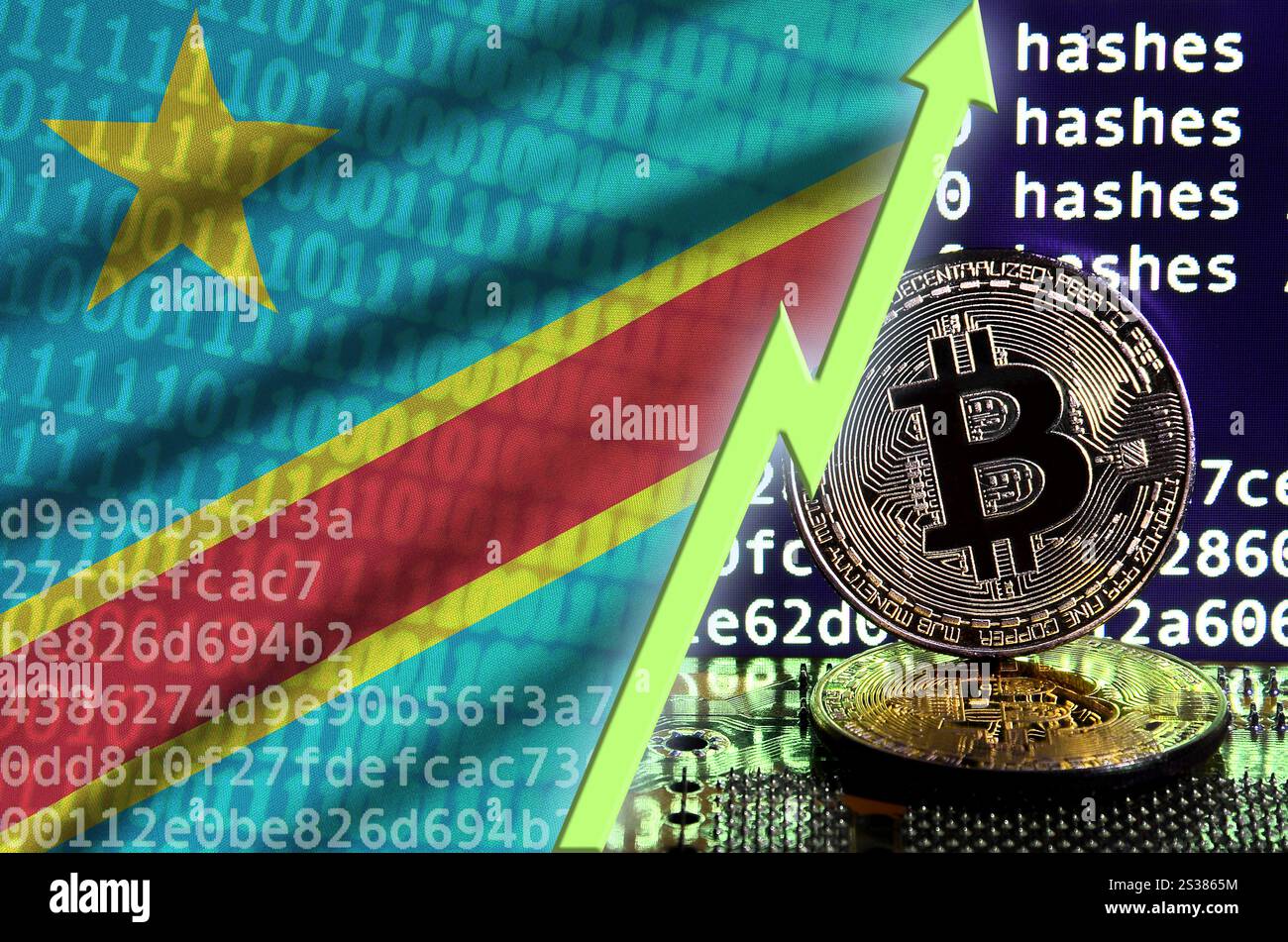 Drapeau bitcoin de la République démocratique du Congo, drapeau national  crypto-monnaie concept fond noir Photo Stock - Alamy