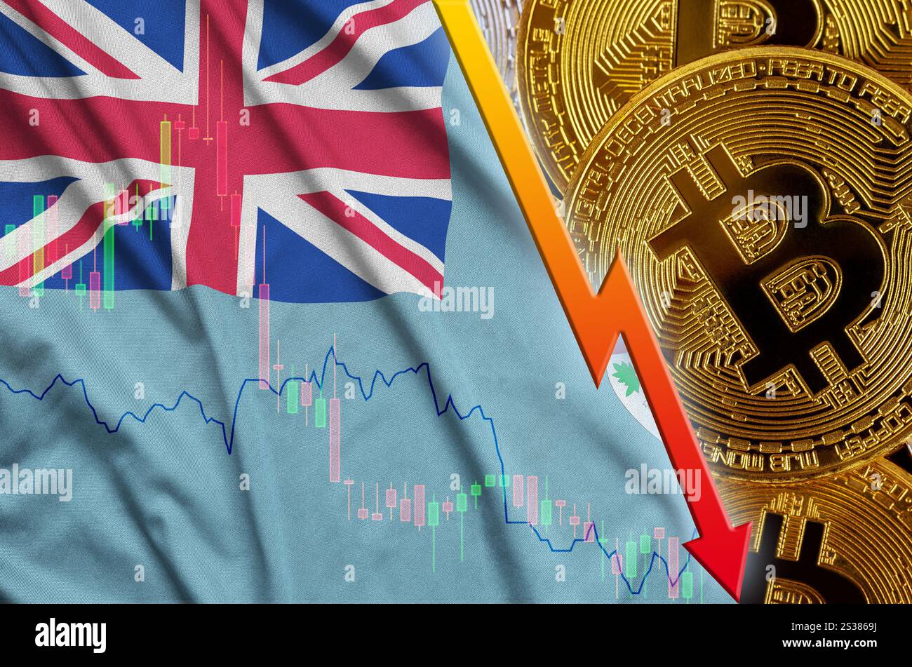 Drapeau Fidji et crypto-monnaie tendance à la baisse avec de nombreux bitcoins en or. Concept de réduction Bitcoin dans le prix ou mauvaise conversion en crypto-monnaie Banque D'Images