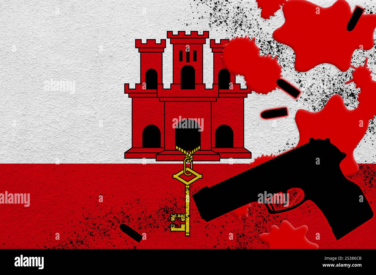 Drapeau Giblartar et arme à feu noire de sang rouge. Concept d'attaque terroriste ou d'opérations militaires ayant un résultat létal. Utilisation dangereuse d'une arme de poing. Banque D'Images