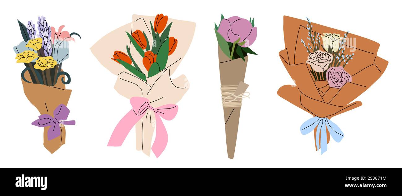 Bouquets de fleurs dans l'ensemble de vecteur d'enveloppe de papier. Illustration de Vecteur
