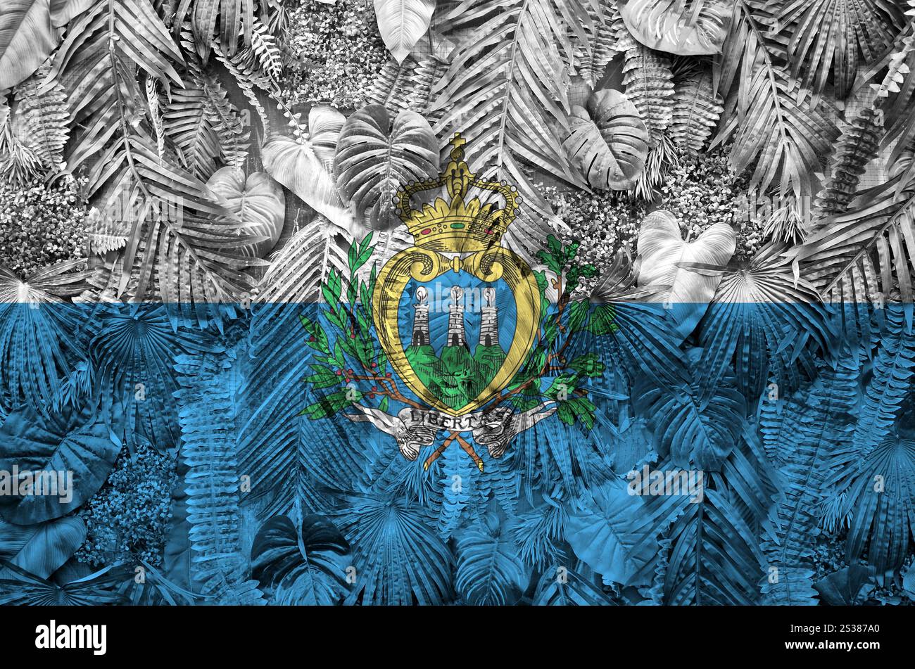 Drapeau de Saint-Marin représenté sur de nombreuses feuilles de palmiers monstères. Fond à la mode à la mode. Drapeau de Saint-Marin représenté sur de nombreuses feuilles de palmier monstera Banque D'Images