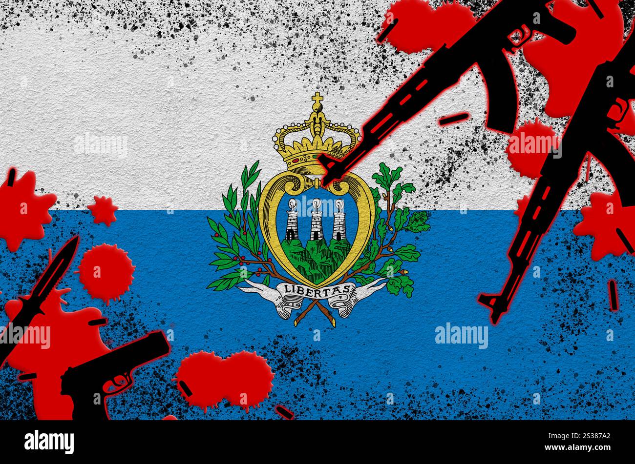 Drapeau de Saint-Marin et fusils de sang rouge. Concept d'attaque terroriste et d'opérations militaires. Trafic d'armes à feu. Drapeau de Saint-Marin et fusils de sang rouge. Banque D'Images
