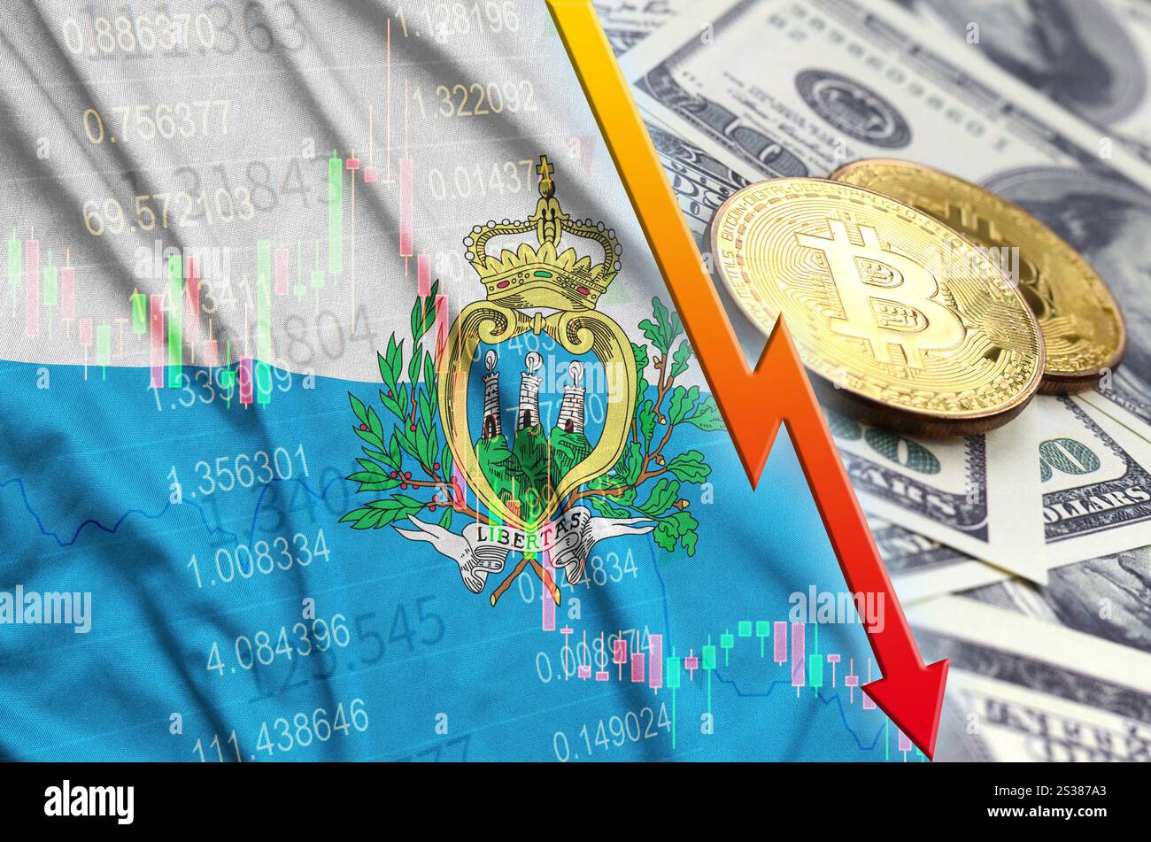 Drapeau Saint-Marin et crypto-monnaie tendance à la baisse avec deux bitcoins sur des billets d'un dollar. Concept de dépréciation Bitcoin dans le prix par rapport au dollar. San Banque D'Images