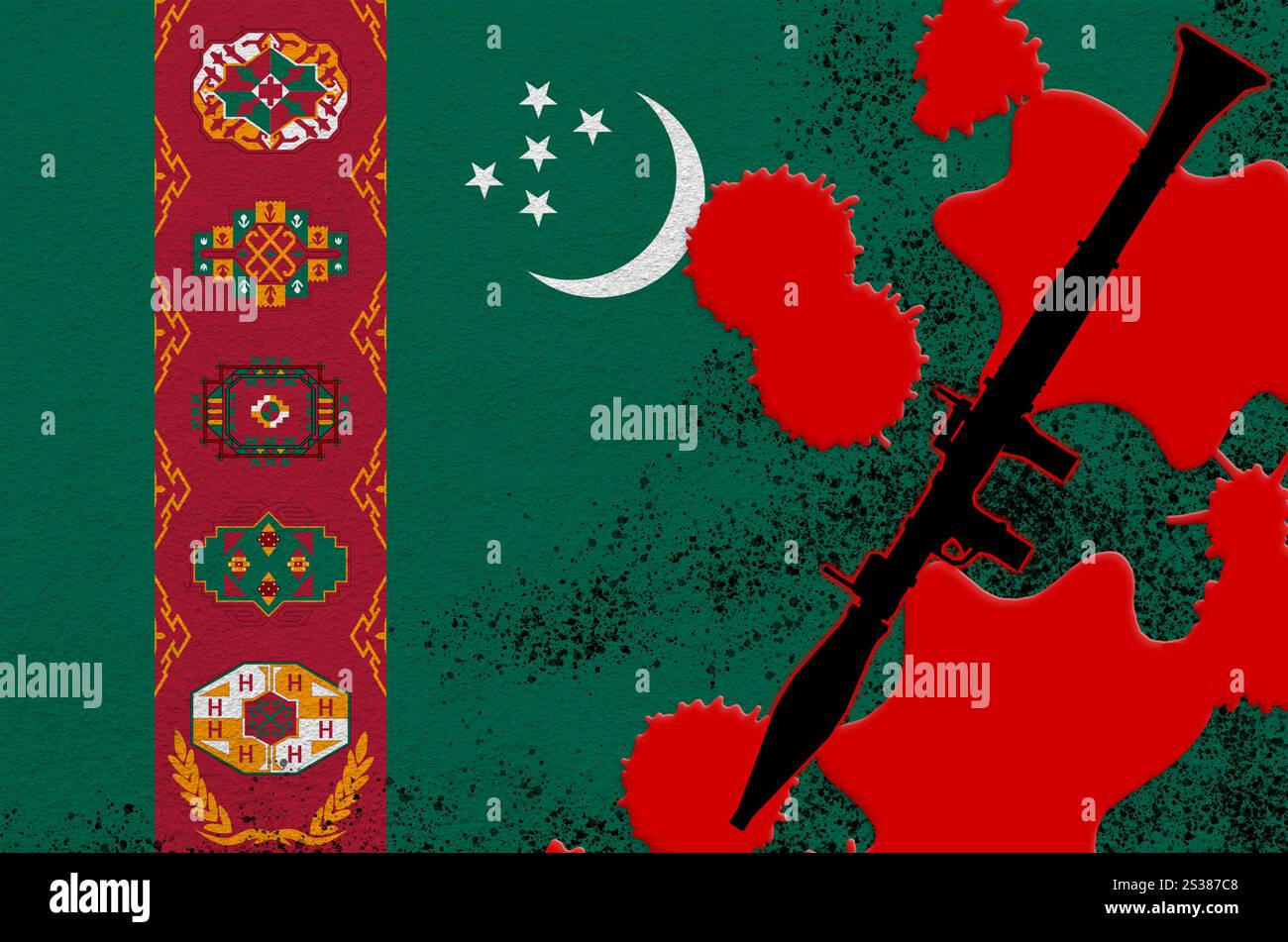 Drapeau du Turkménistan et lance-grenades à propulsion RPG-7 noir de sang rouge. Concept d'attaque terroriste ou d'opérations militaires avec létales Banque D'Images