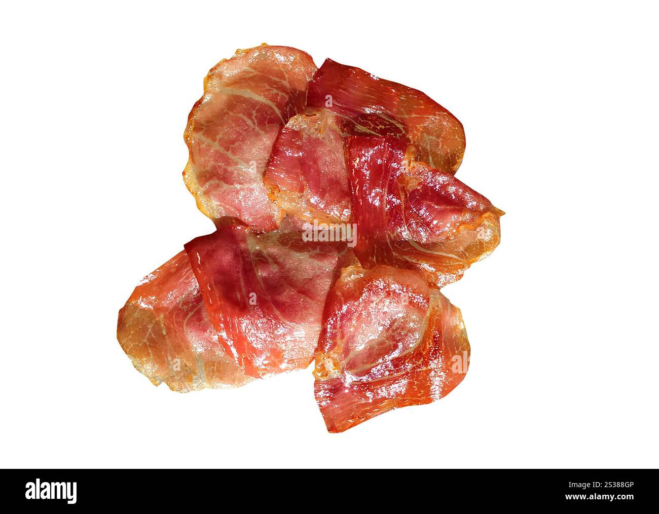 Nourriture délicieuse, bacon frit. Viande de porc pour manger. Ingrédient de restaurant. Nourriture délicieuse, bacon frit isolé sur blanc. Viande de porc pour manger. Banque D'Images