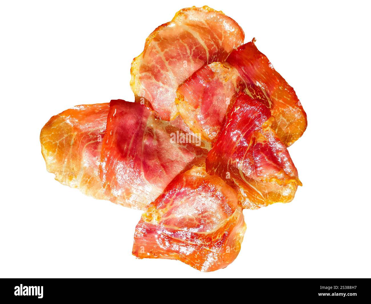 Nourriture délicieuse, bacon frit. Viande de porc pour manger. Ingrédient de restaurant. Nourriture délicieuse, bacon frit isolé sur blanc. Viande de porc pour manger. Banque D'Images