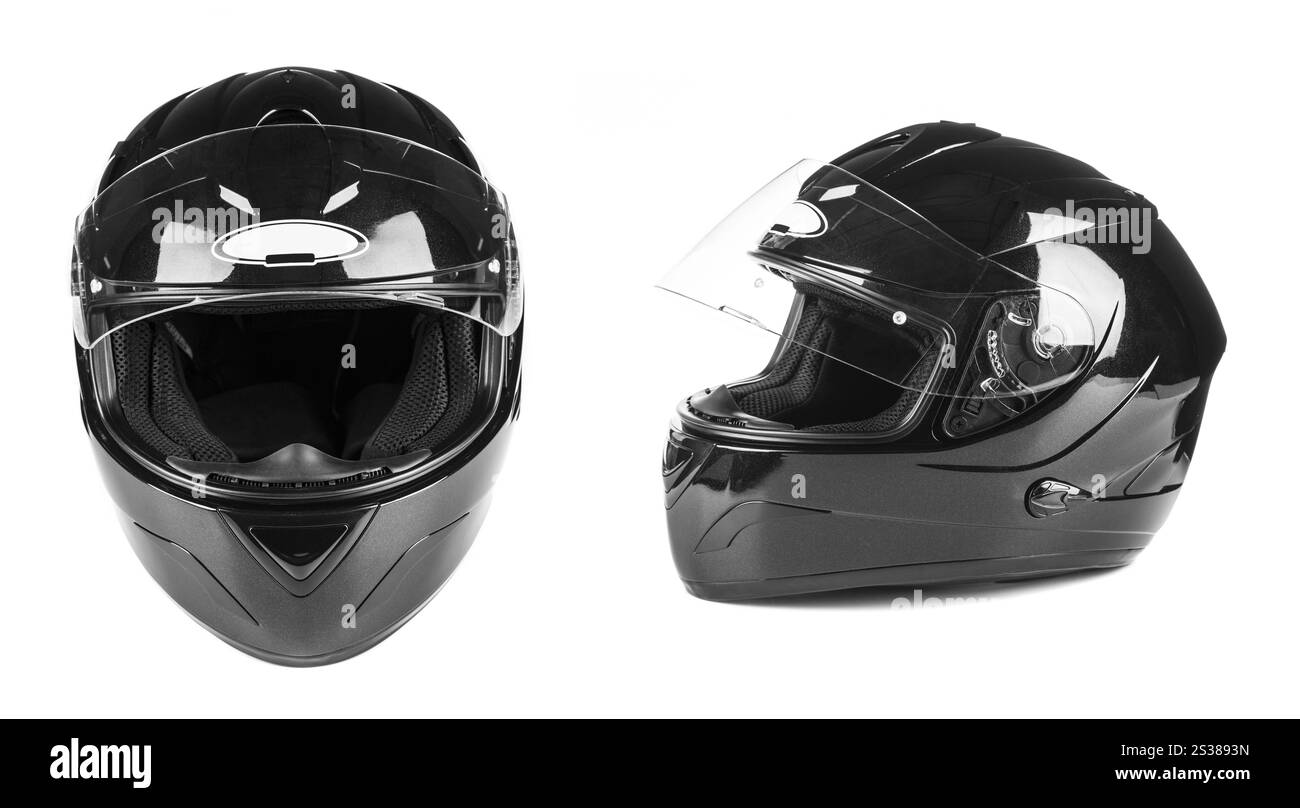 Casques noirs isolés sur blanc. Casques noirs Banque D'Images