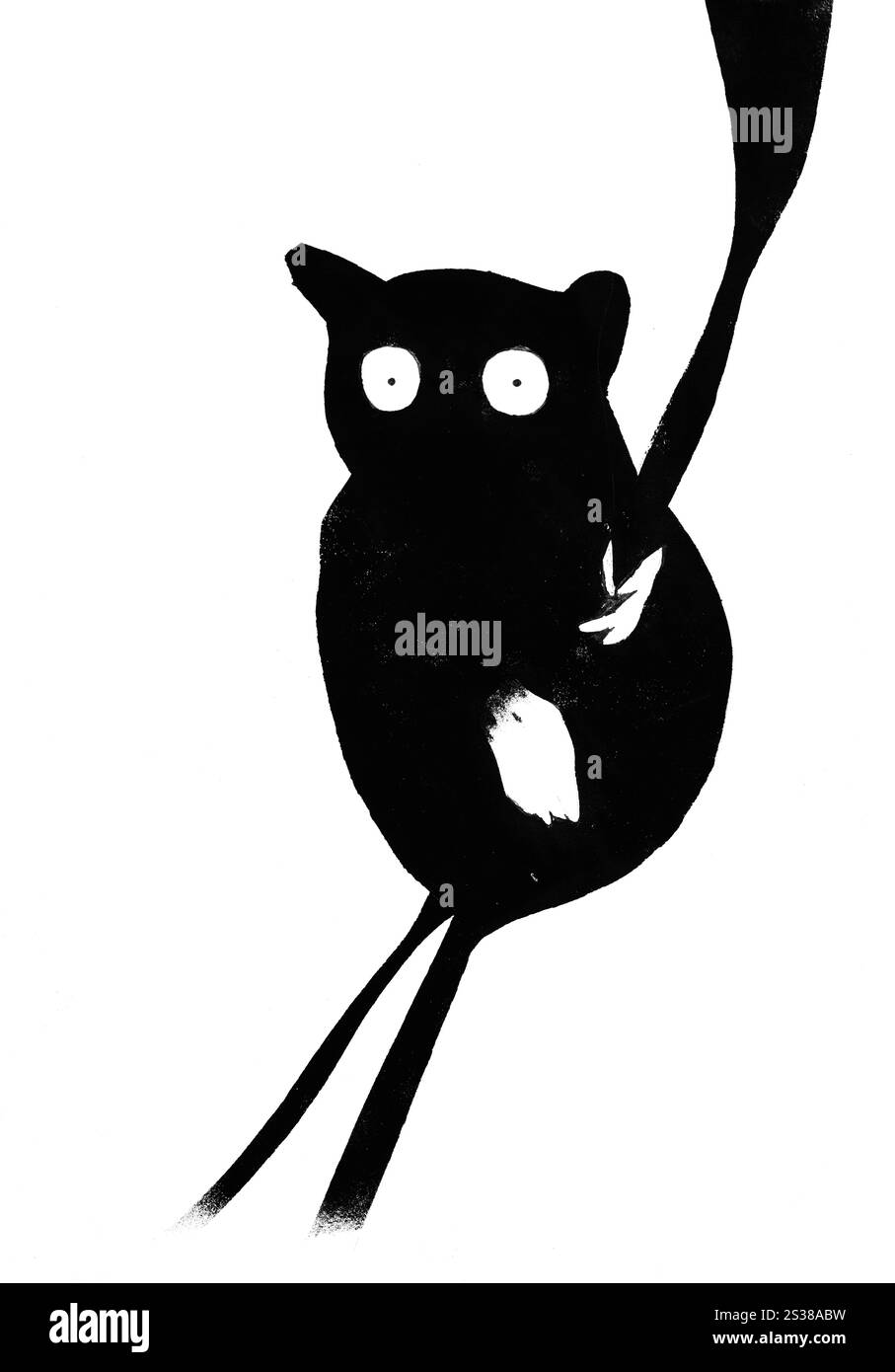 lémurien sur des branches d'arbre dessinées à la main à l'encre noire sur papier blanc Banque D'Images