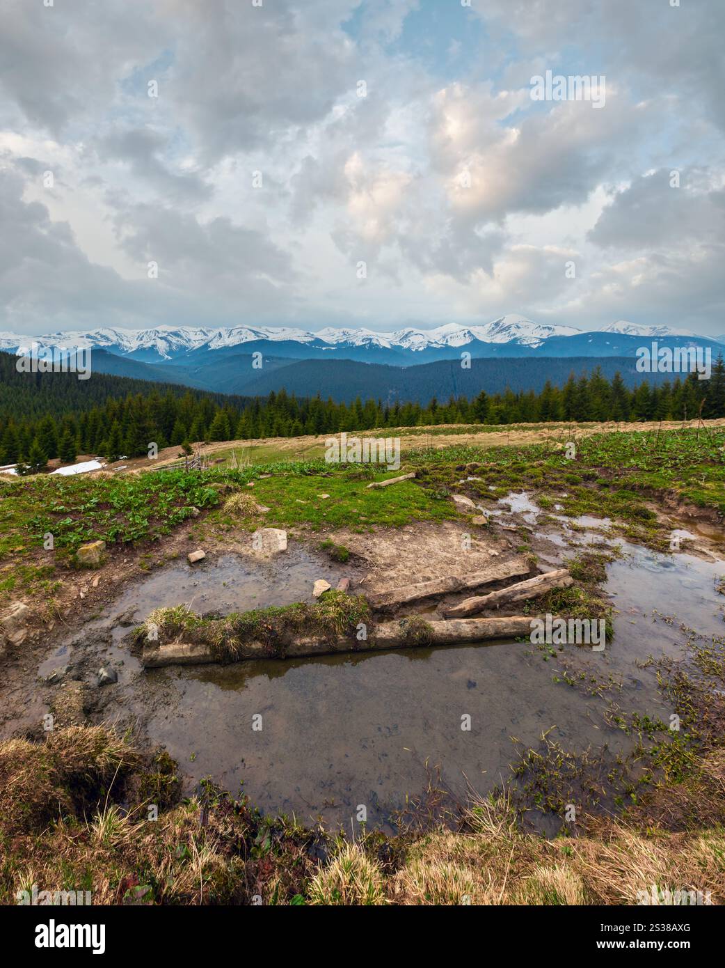 Carpates printemps paysage avec des sommets couverts de neige des Chornohora ridge de loin, de l'Ukraine. Zone agricole clôturé avec de l'eau printemps et buveur. Banque D'Images