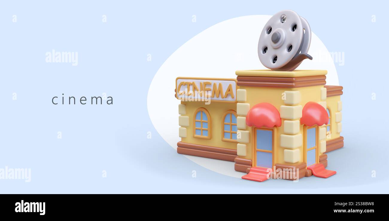 Cinéma réaliste avec tapis rouges à l'entrée. Bâtiment mignon, vue latérale. Bobine de film géante sur le toit, signe de texte. Publicité de cinéma, film en ligne Banque D'Images