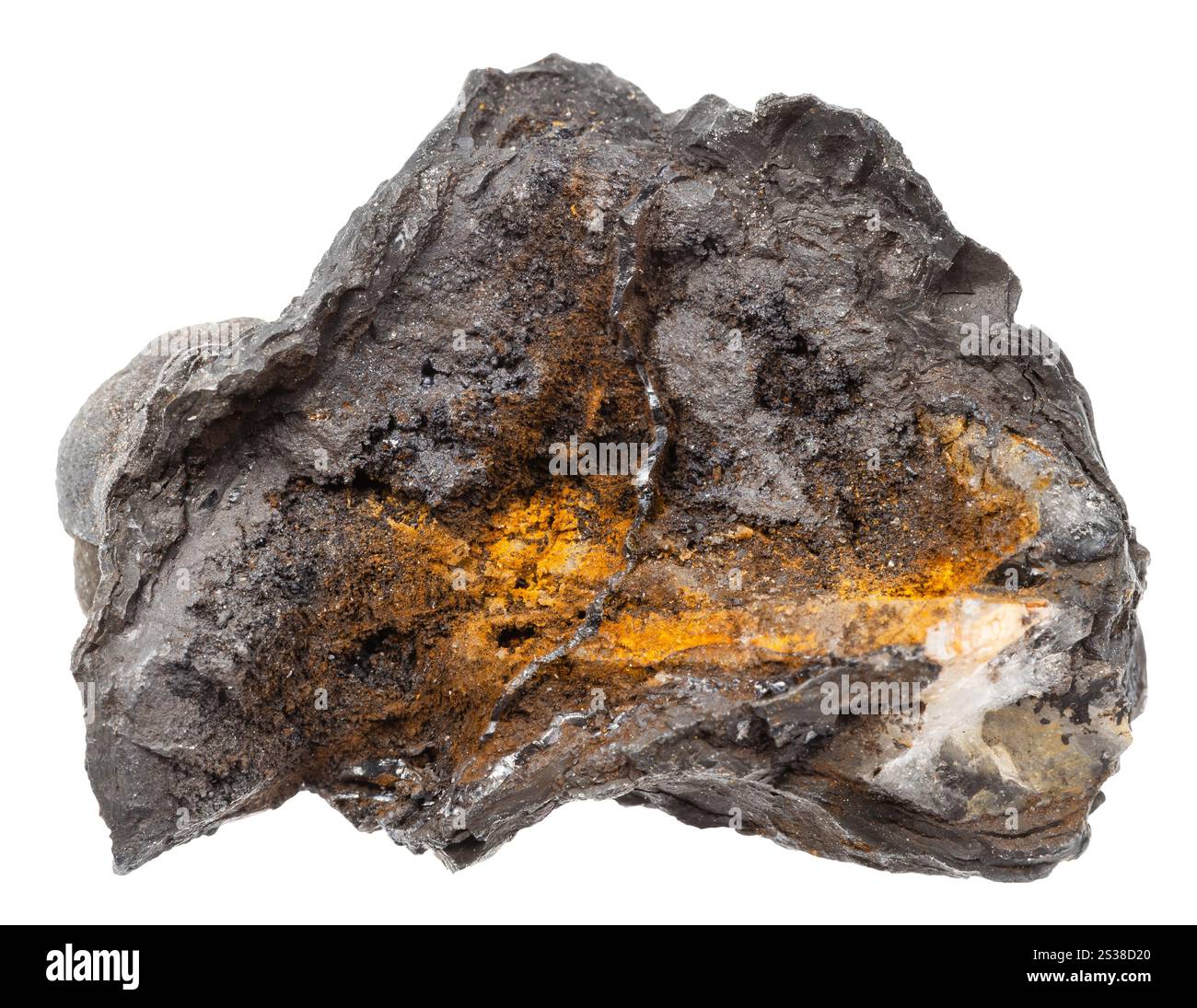 Gros plan de l'échantillon de pierre naturelle de la collection géologique - minéral lithiophorite brut isolé sur fond blanc de l'Altaï Banque D'Images