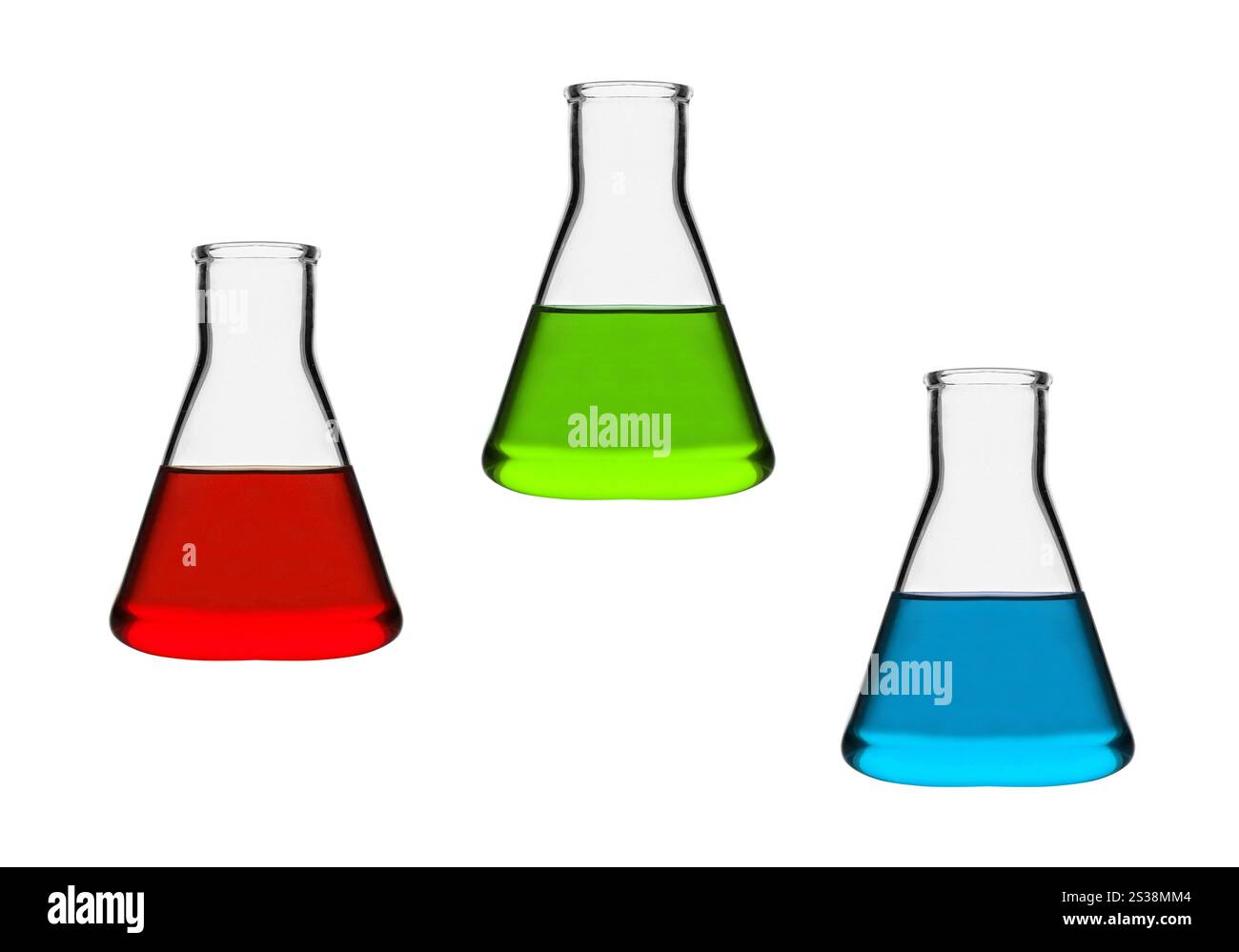 Flacons de laboratoire chimique avec liquide vert, bleu et rouge Banque D'Images