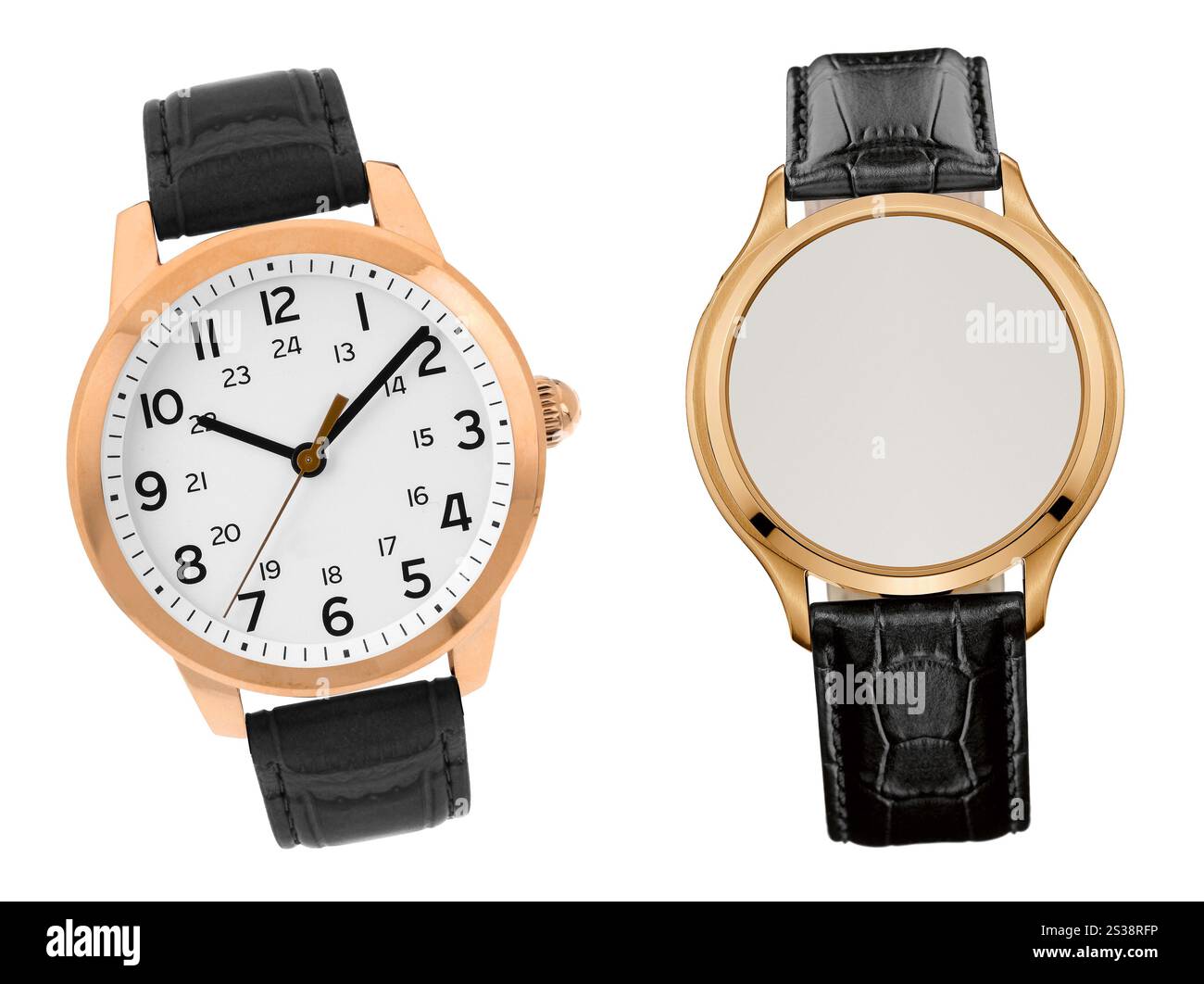 montres de luxe avec un bracelet en cuir sur fond blanc. montres de luxe avec bracelet en cuir Banque D'Images