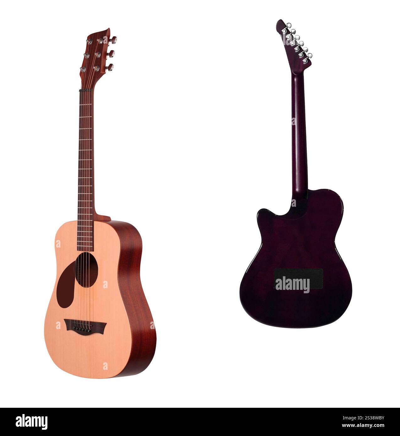 guitare acoustique classique et guitare rock isolées sur fond blanc Banque D'Images