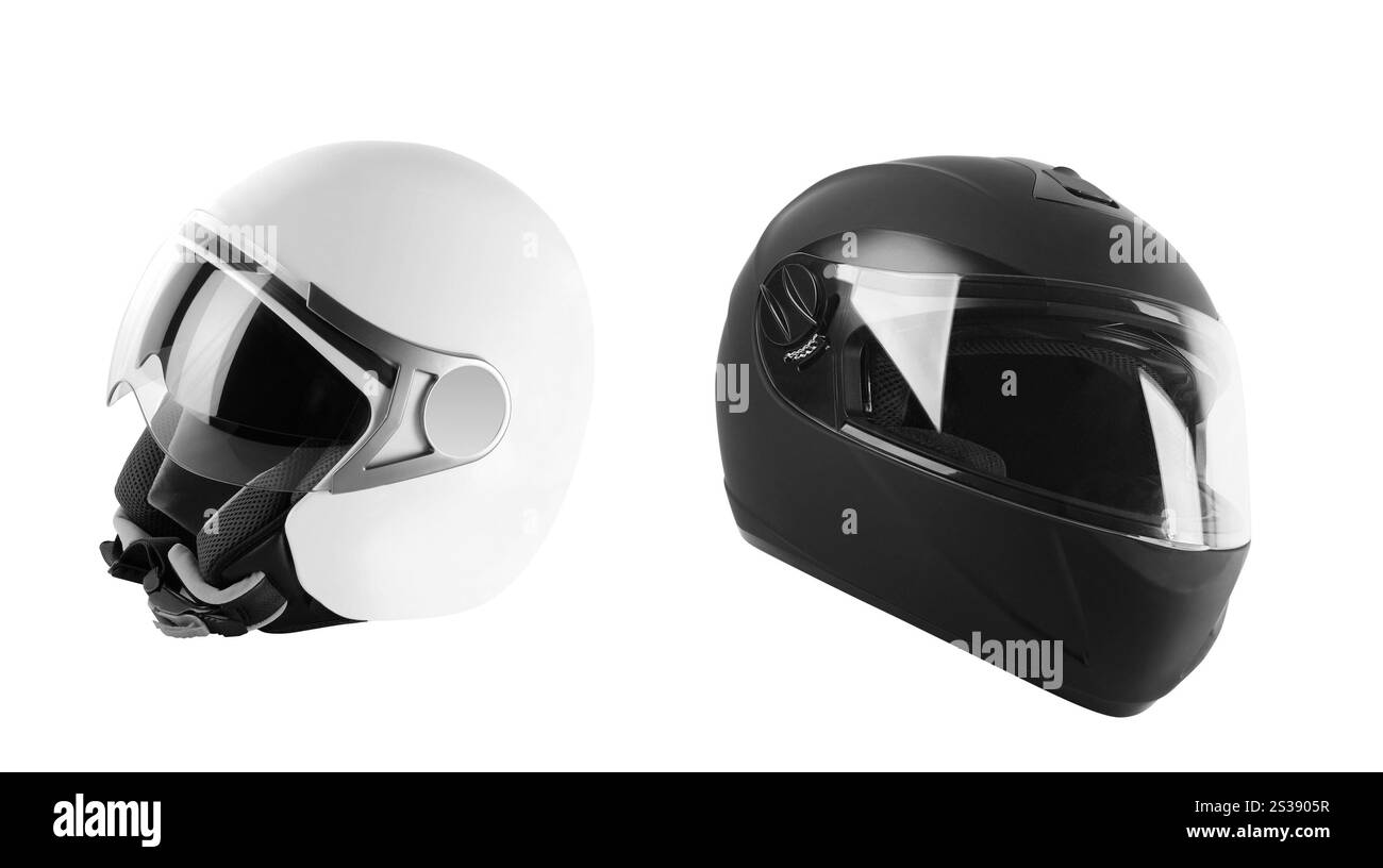 Casques noirs et blancs isolés sur fond blanc Banque D'Images