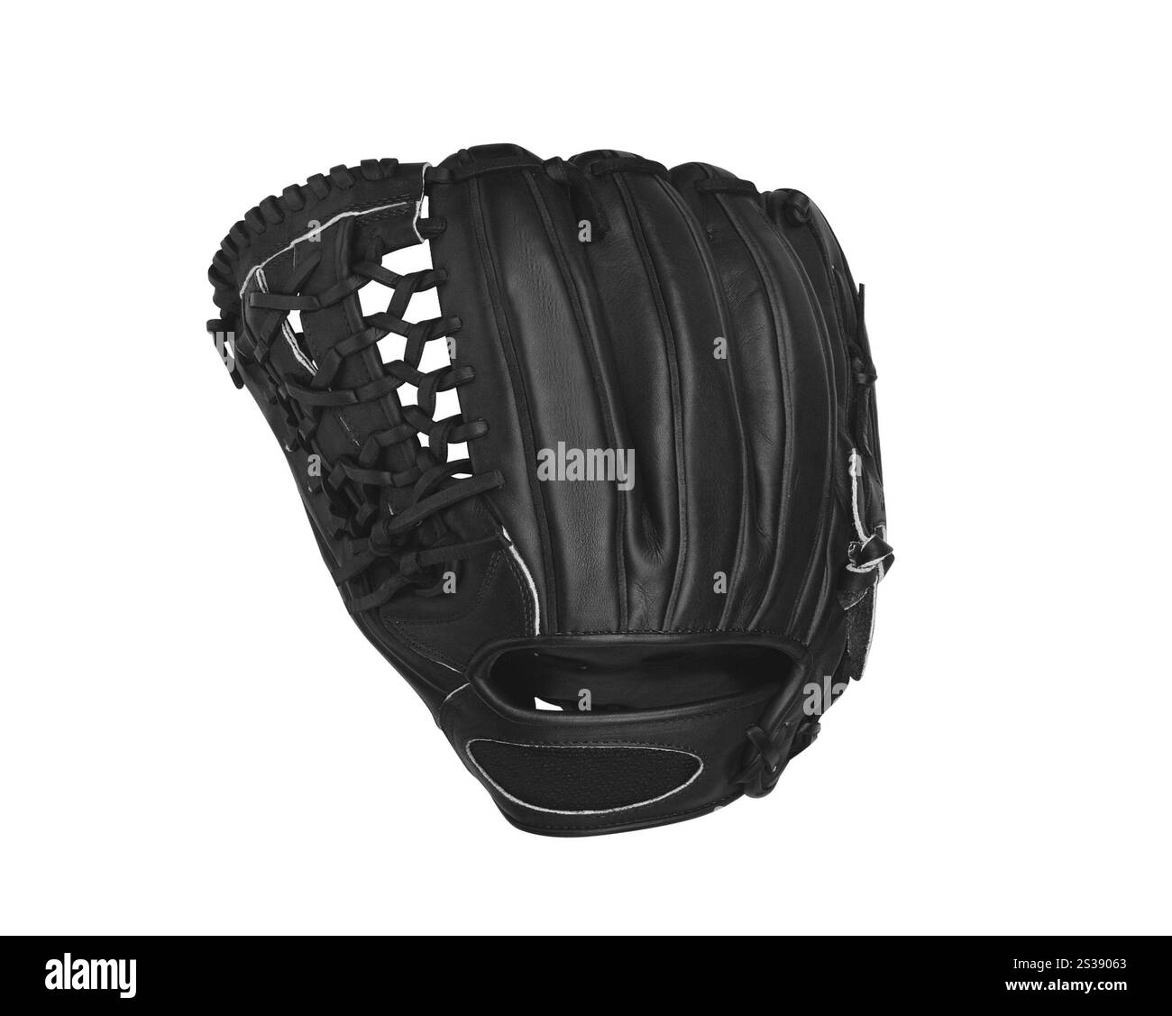 gant de baseball en cuir noir isolé sur blanc. gant de baseball en cuir noir Banque D'Images