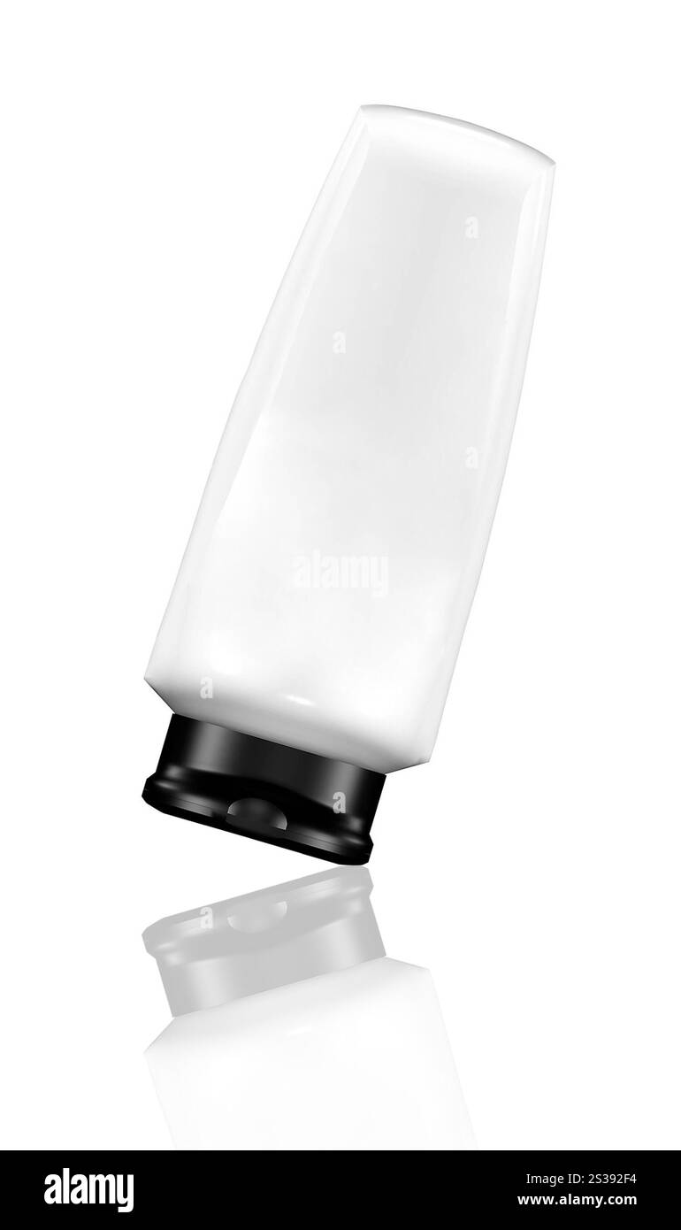 Bouteille de shampooing blanc avec bouchon vert isolé sur fond blanc. Bouteille de shampooing blanche avec bouchon vert Banque D'Images