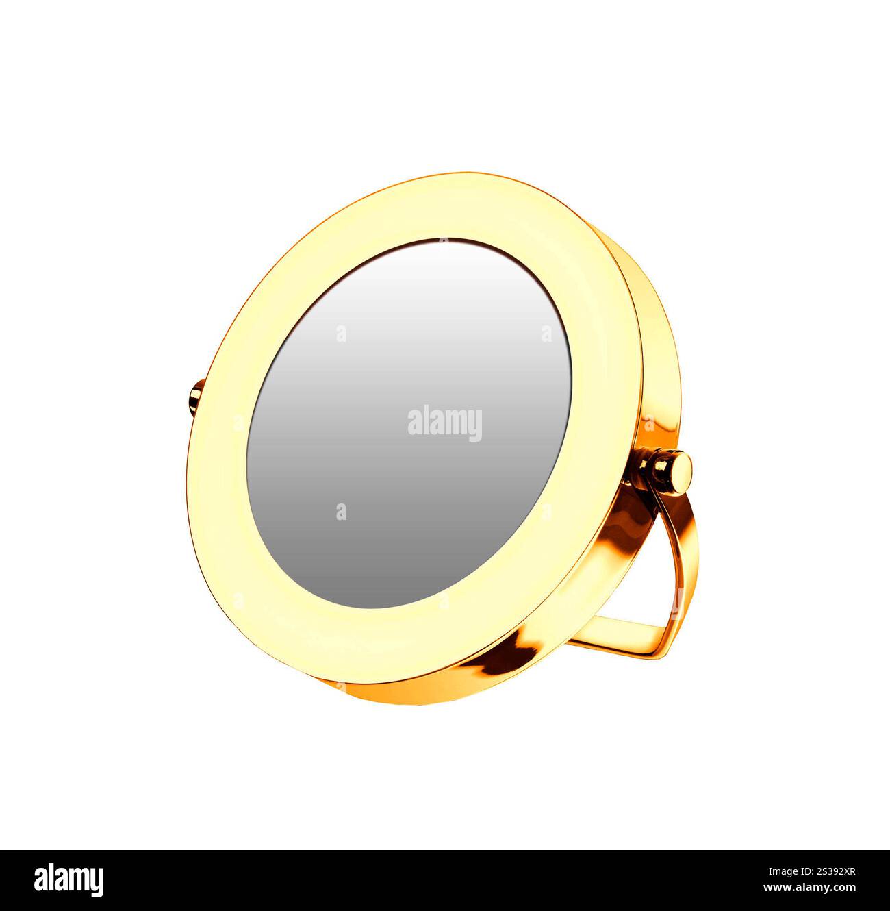 Miroir cosmétique doré isolé sur fond blanc Banque D'Images