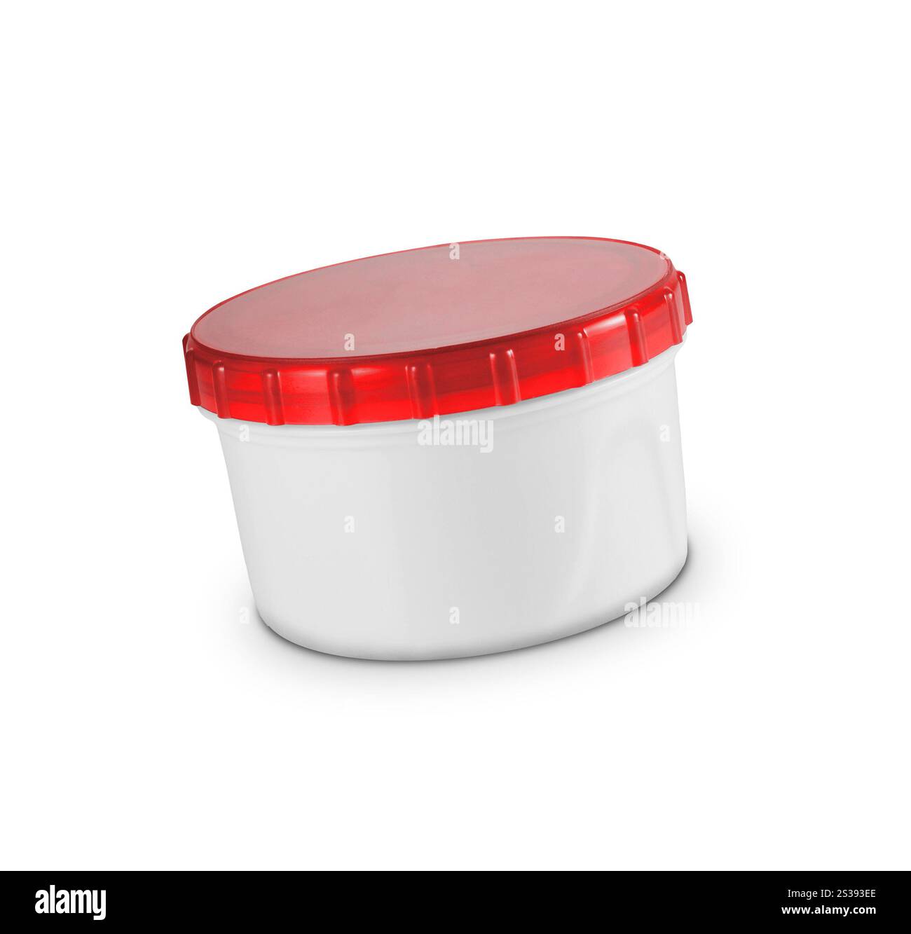 récipient rond en plastique sur fond blanc Banque D'Images