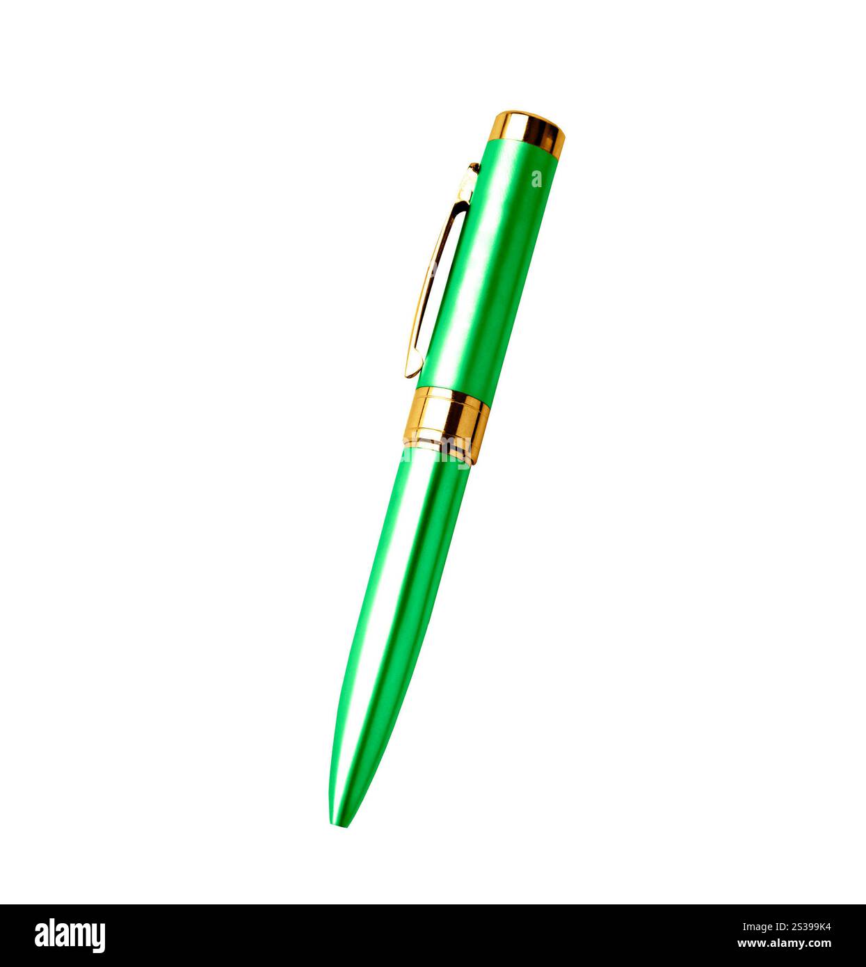 Stylo en métal vert isolé sur fond blanc Banque D'Images