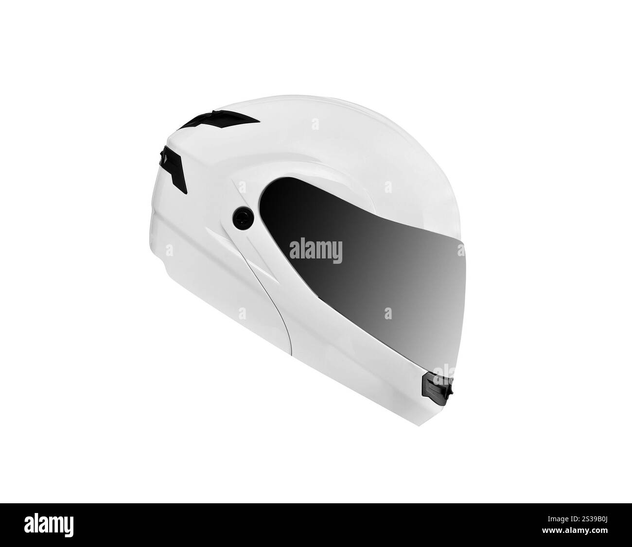 Casque de moto blanc, brillant isolé sur fond blanc. Casque de moto blanc et brillant Banque D'Images