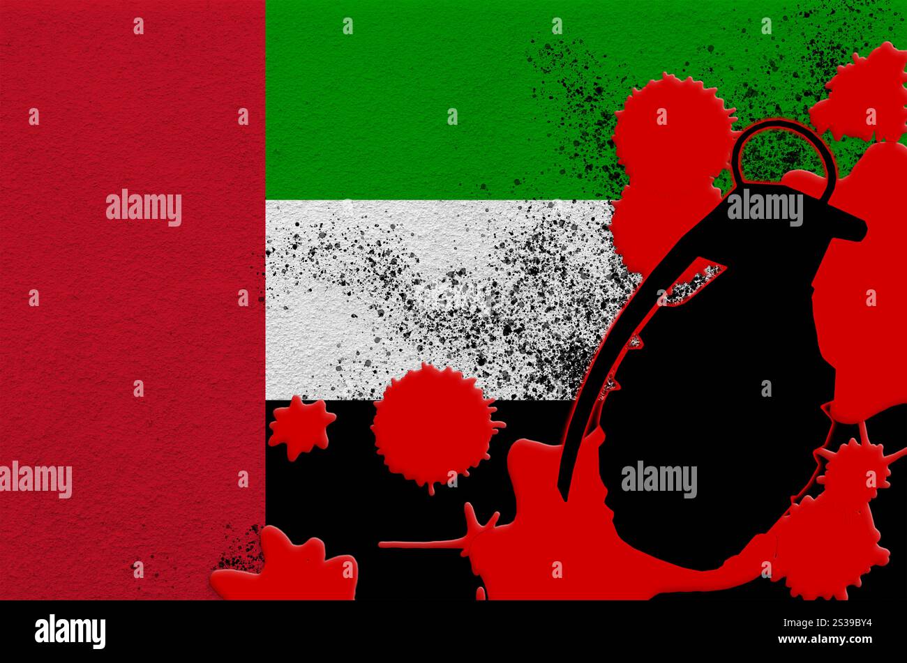 Drapeau des Émirats arabes Unis et grenade MK2 frag dans le sang rouge. Concept d'attaque terroriste ou d'opérations militaires ayant un résultat létal. Dangereux Banque D'Images