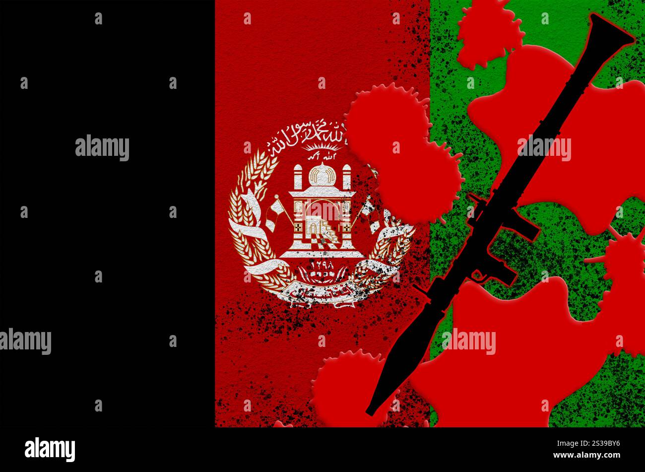Drapeau afghan et lance-grenades à propulsion de roquette RPG-7 noir de sang rouge. Concept d'attaque terroriste ou d'opérations militaires avec létales Banque D'Images