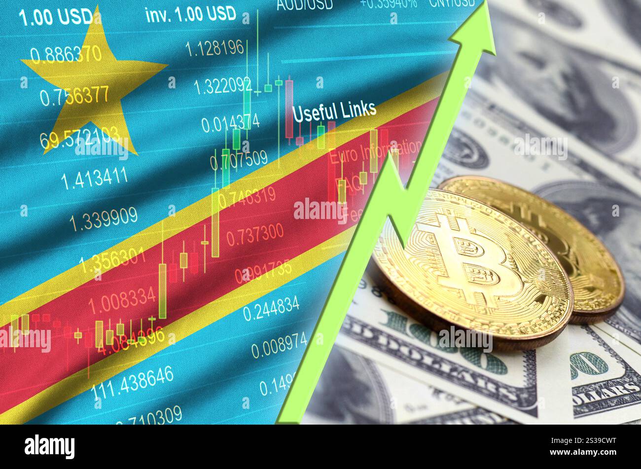 Drapeau bitcoin de la République démocratique du Congo, drapeau national  crypto-monnaie concept fond noir Photo Stock - Alamy