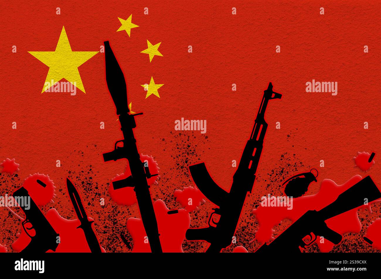 Drapeau de la Chine et diverses armes dans le sang rouge. Concept d'attaque terroriste ou d'opérations militaires ayant un résultat létal. Trafic d'armes à feu. Drapeau chinois et Banque D'Images Drapeau de la Chine et diverses armes dans le sang rouge. Concept d'attaque terroriste ou d'opérations militaires ayant un résultat létal. Trafic d'armes à feu. Drapeau chinois et Banque D'Images