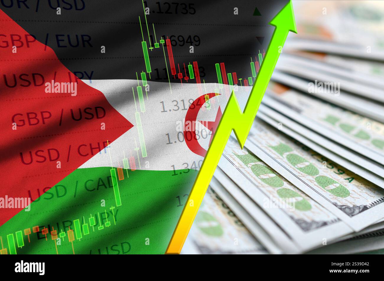 Drapeau du Sahara Occidental et graphique position en dollars américains croissante avec un fan de billets en dollars. Concept d'augmentation de la valeur de la devise du dollar américain. WESTERN Banque D'Images