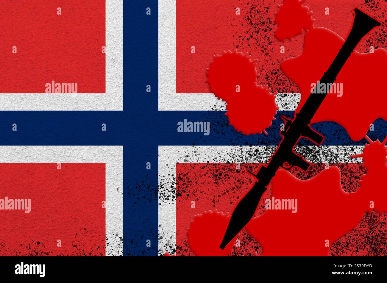 Drapeau norvégien et lance-grenades à propulsion RPG-7 noir de sang rouge. Concept d'attaque terroriste ou d'opérations militaires ayant un résultat létal. Banque D'Images