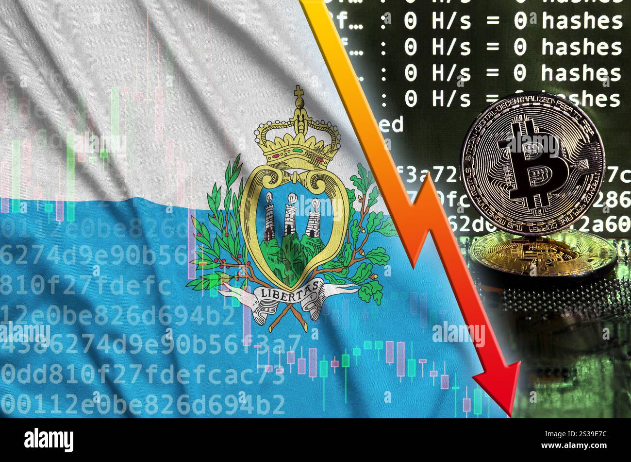 Drapeau de Saint-Marin et flèche rouge tombante sur l'écran de minage bitcoin et deux bitcoins dorés physiques. Concept de faible conversion dans le minage de crypto-monnaie. Banque D'Images