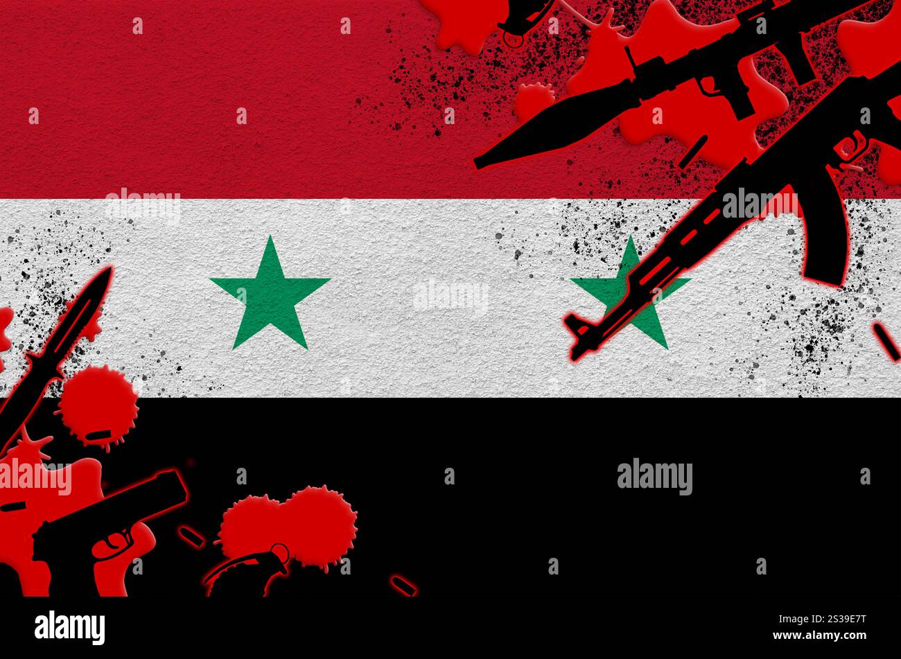 Drapeau syrien et diverses armes de sang rouge. Concept d'attaque terroriste et d'opérations militaires avec un résultat létal. Trafic d'armes à feu. Drapeau syrien et Banque D'Images