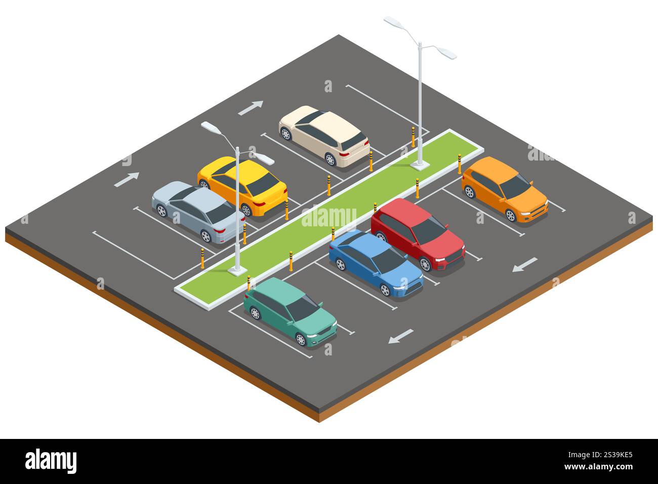 Illustration isométrique du parking avec plusieurs voitures et espaces verts. Graphique vectoriel montrant les panneaux routiers, les flèches et les lampadaires Illustration de Vecteur