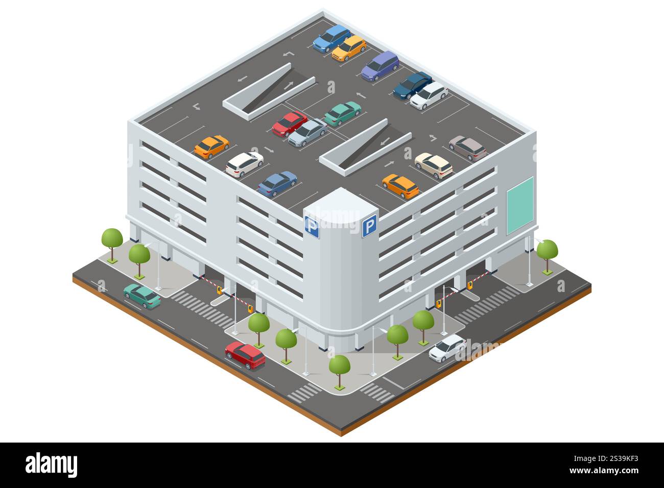 Illustration de bâtiment de stationnement à plusieurs niveaux dans un style isométrique. Présente différents étages de stationnement organisé avec des voitures et un environnement urbain Illustration de Vecteur