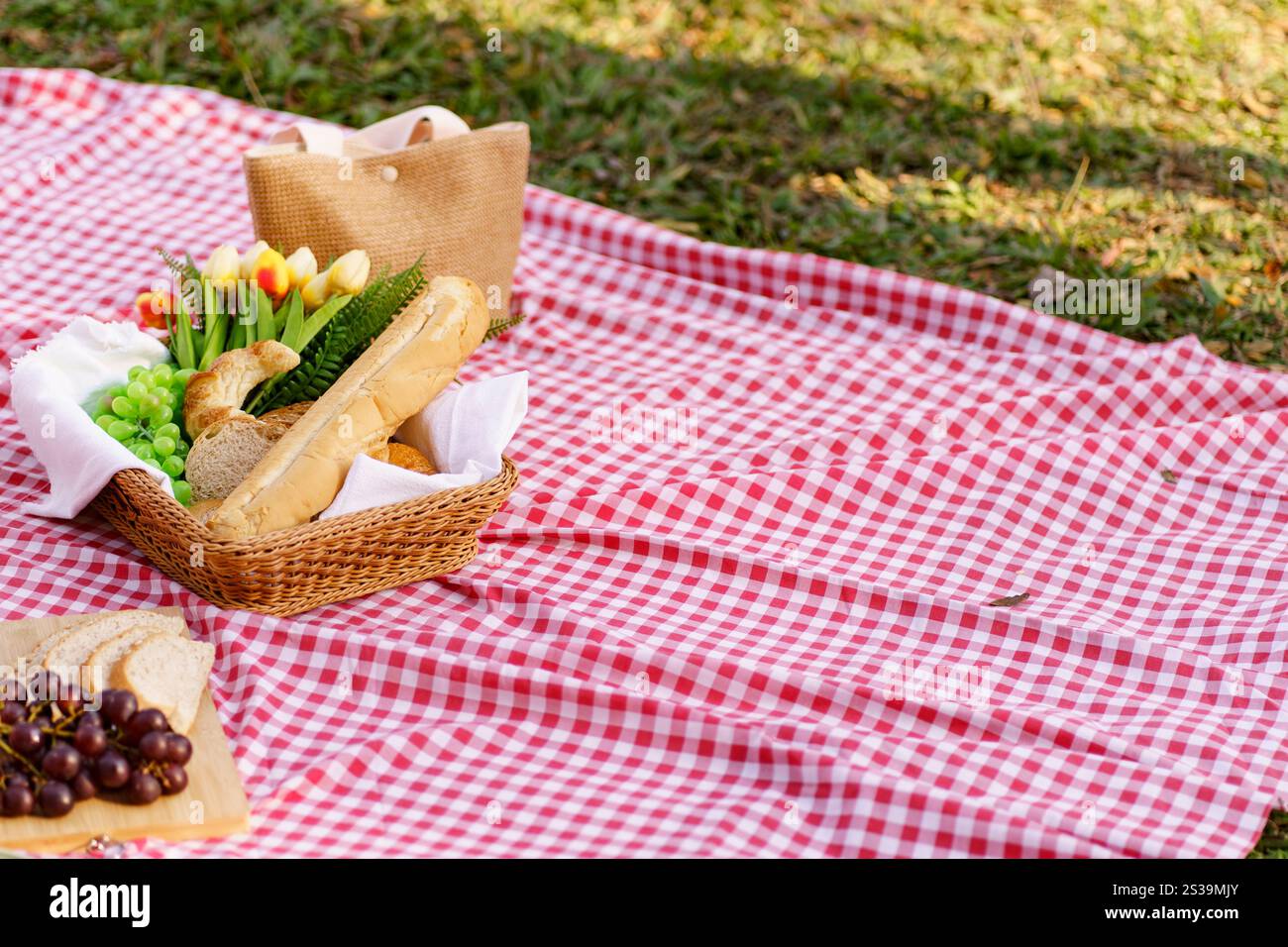 Déjeuner pique-nique repas à l'extérieur du parc avec panier de pique-nique alimentaire. profitez de l'heure de pique-nique dans la nature du parc à l'extérieur Banque D'Images