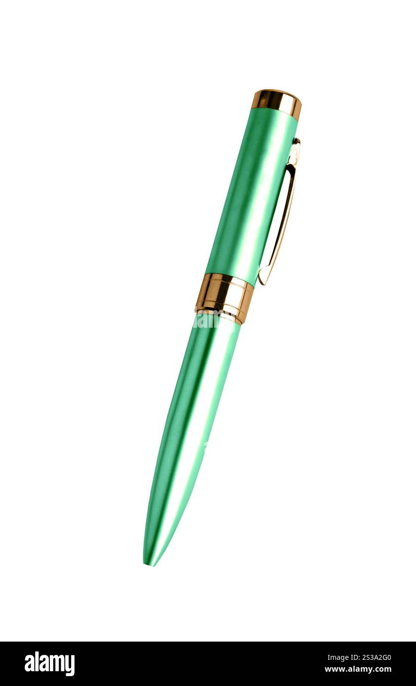 Stylo en métal vert isolé sur fond blanc. Stylo en métal vert Banque D'Images