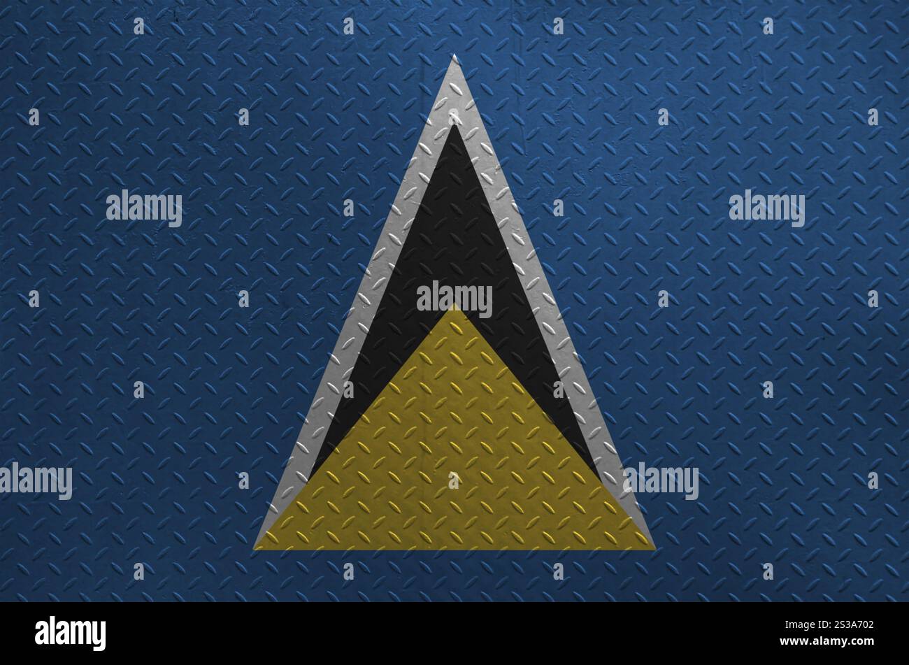 Drapeau de Sainte-Lucie représenté dans les couleurs de peinture sur la vieille plaque de métal brossé ou le mur en gros plan. Bannière texturée sur fond brut. Drapeau de Sainte-Lucie représenté Banque D'Images