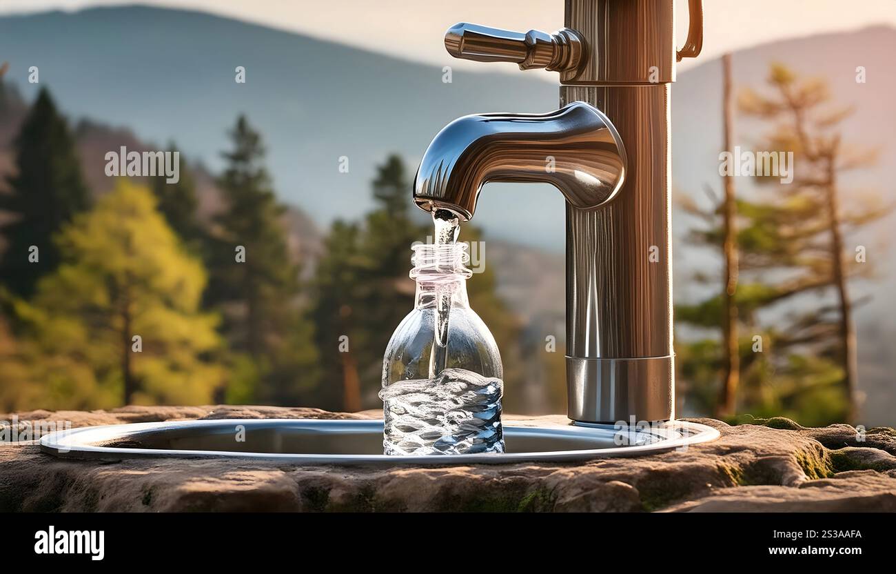 Un robinet d'eau avec une bouteille d'eau réutilisable attachée, se remplissant d'eau fraîche. La bouteille est maintenue sous le robinet pendant que l'eau y coule. Banque D'Images