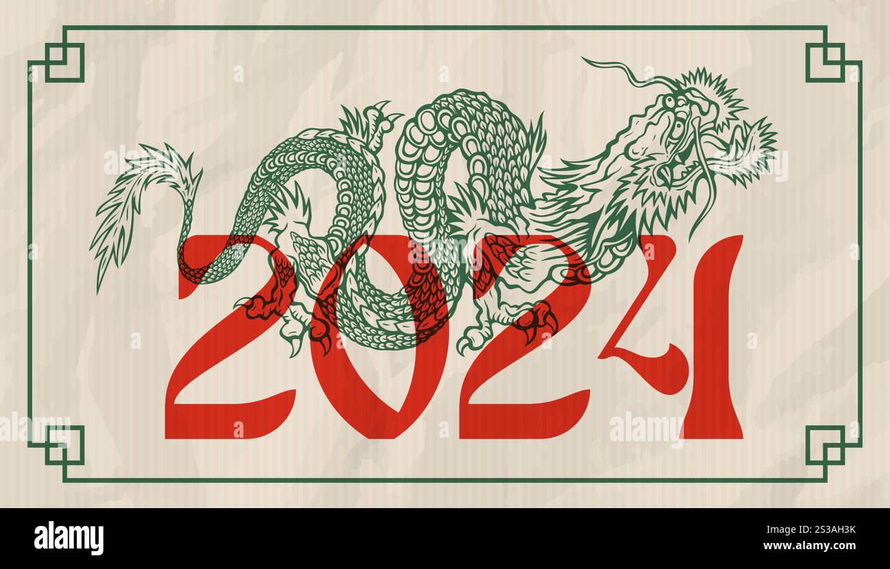 Illustration vectorielle d'un dragon chinois vert. Tatouage de dragon vert dans le style asiatique est sur vieux papier vintage. Nouvel an chinois 2024. Illustration de Vecteur