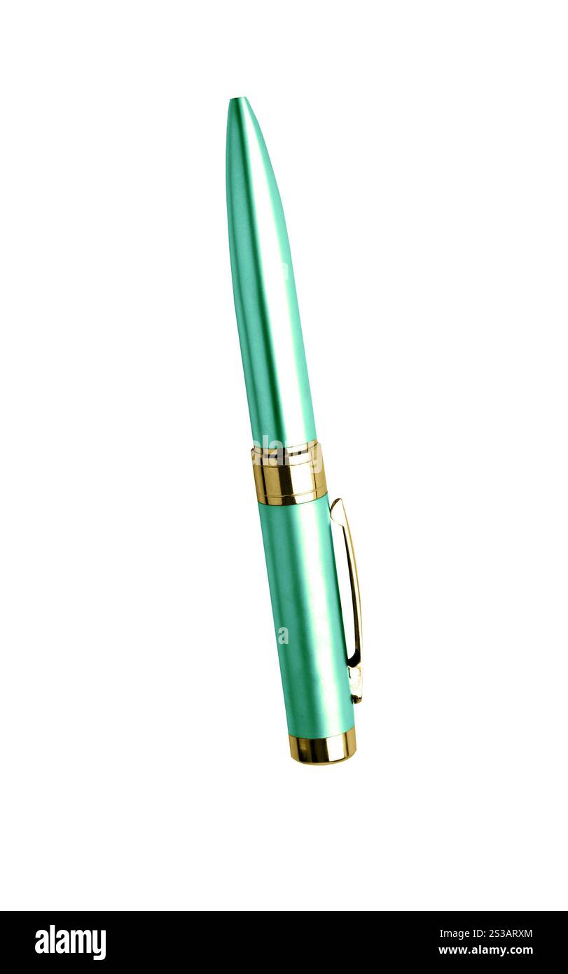 Stylo en métal vert isolé sur fond blanc. Stylo en métal vert Banque D'Images