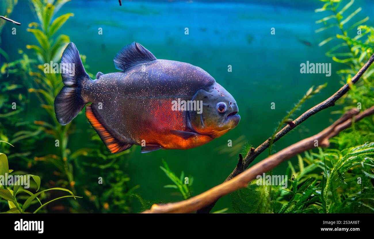 Un seul piranha à ventre rouge nage à travers un réservoir rempli de plantes aquatiques vertes. Ses écailles scintillent dans l'eau, et sa face droite avec son Banque D'Images