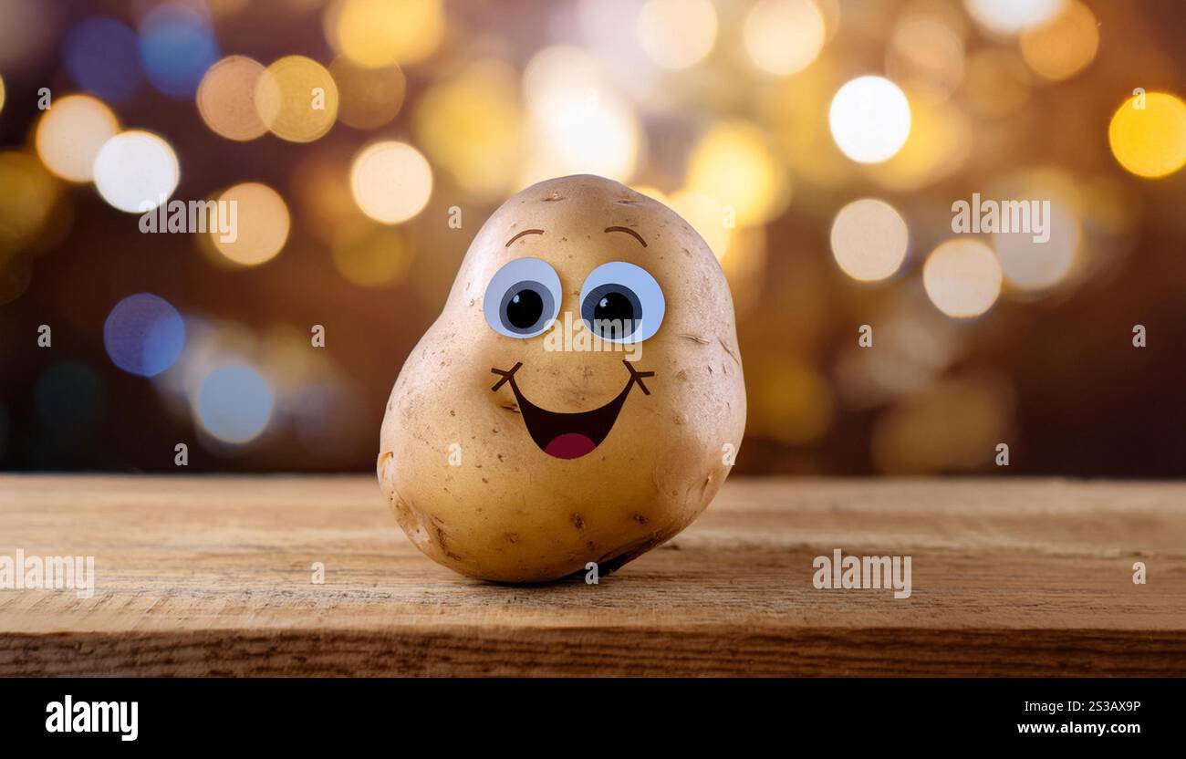 Une seule pomme de terre avec un visage peint, avec de grands yeux et un large sourire, est positionnée au premier plan de l'image. La pomme de terre semble l'être Banque D'Images Une seule pomme de terre avec un visage peint, avec de grands yeux et un large sourire, est positionnée au premier plan de l'image. La pomme de terre semble l'être Banque D'Images