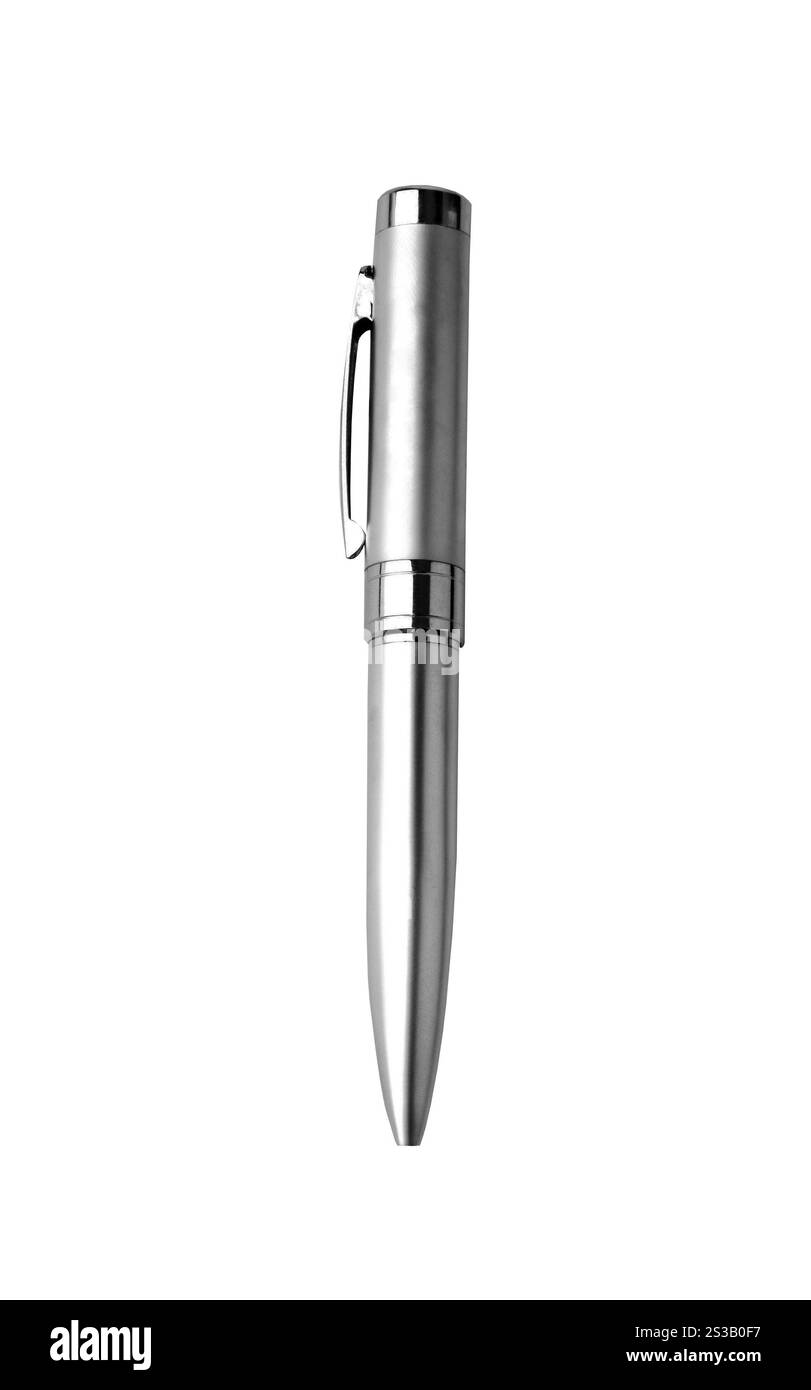 Stylo en métal argenté isolé. Stylo métallique vert isolé Banque D'Images