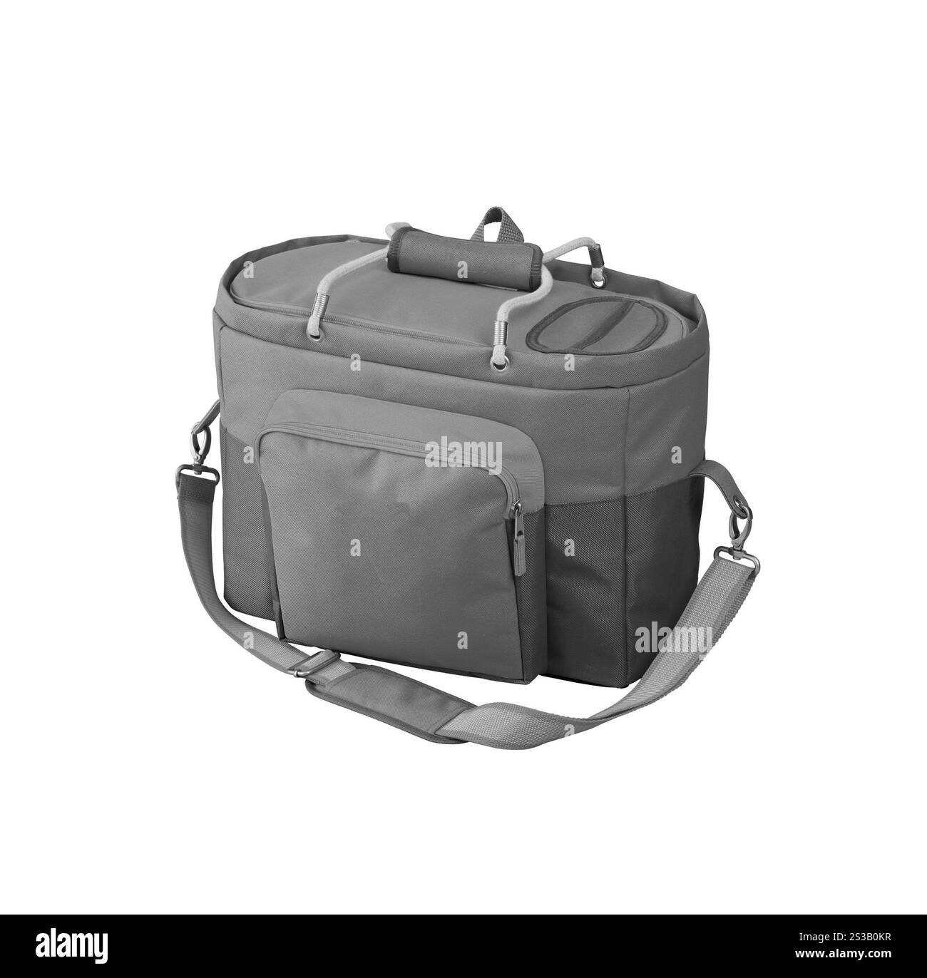sac isotherme gris avec sangle de transport. sac glacière vert avec sangle de transport Banque D'Images