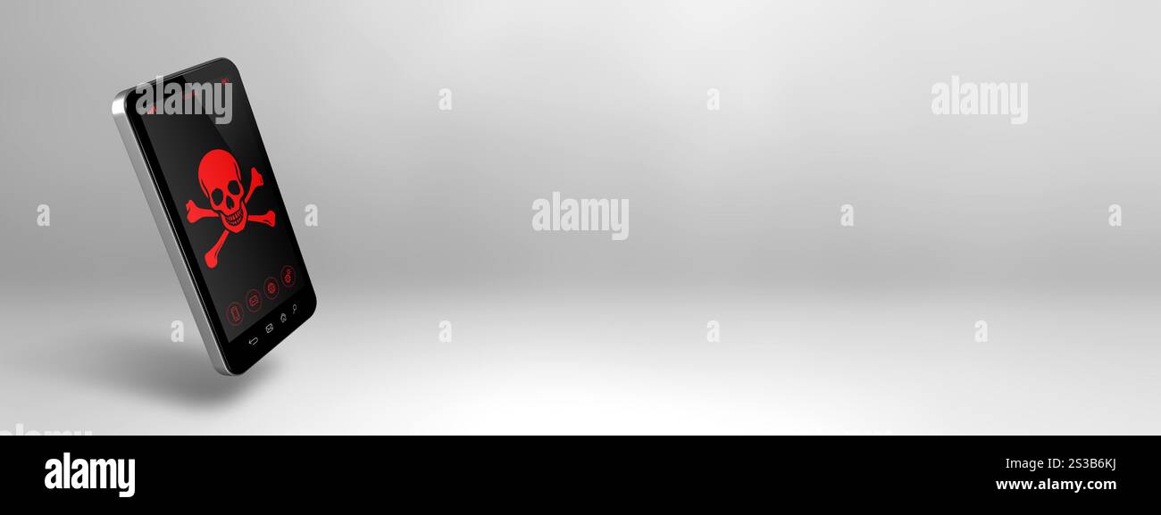 Smartphone avec un symbole pirate sur l'écran. Concept de piratage et de virus. Illustration 3D isolée sur fond blanc. Bannière horizontale. smartphone Banque D'Images