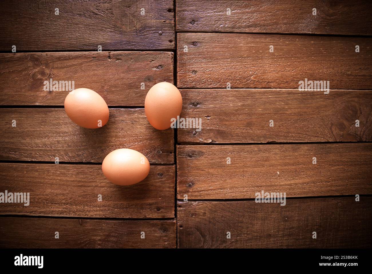 Oeufs frais d'arbre sur un fond de planche de bois rustique. Oeufs sur une planche de bois rustique Banque D'Images