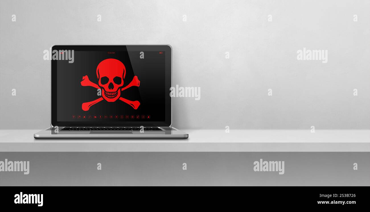 Ordinateur portable sur une étagère avec un symbole pirate à l'écran. Concept de piratage et de virus. Illustration 3D isolée sur fond blanc. Bannière horizontale. Ordinateur portable Banque D'Images