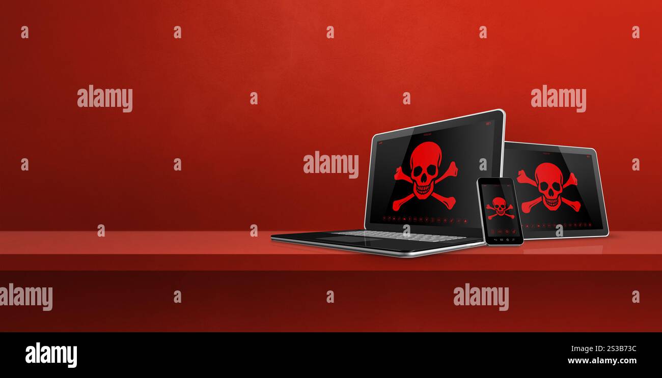 Ordinateur portable tablette pc et smartphone sur une étagère avec des symboles pirate à l'écran. Concept de piratage et de virus. Illustration 3D isolée sur fond rouge. Banque D'Images